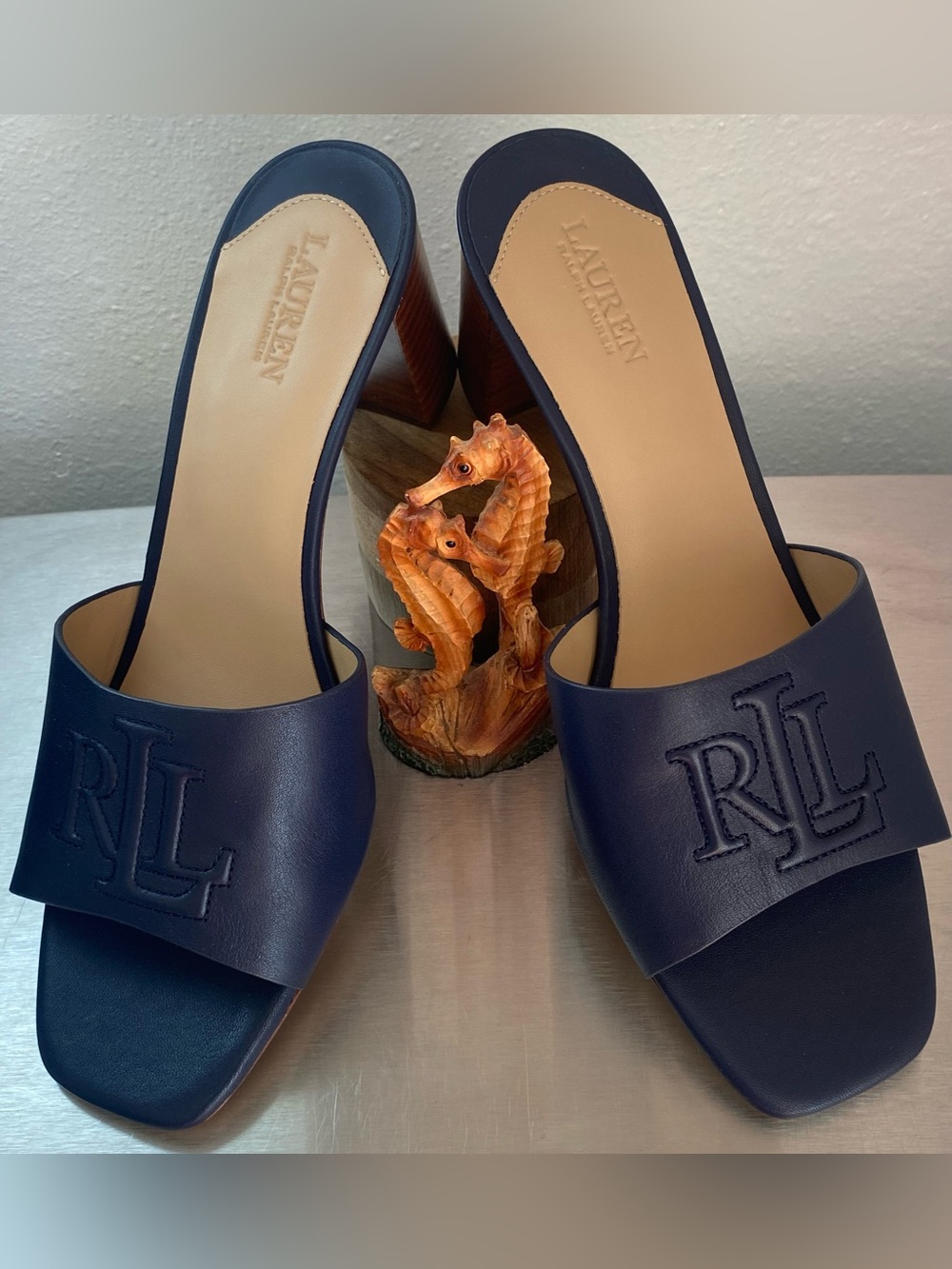 RALPH LAUREN NAVY LEATHER BLOCK HEEL MULES-NEW - Picture 2 of 15